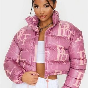 Prettylittlething Pink Crop Puffer Jacket